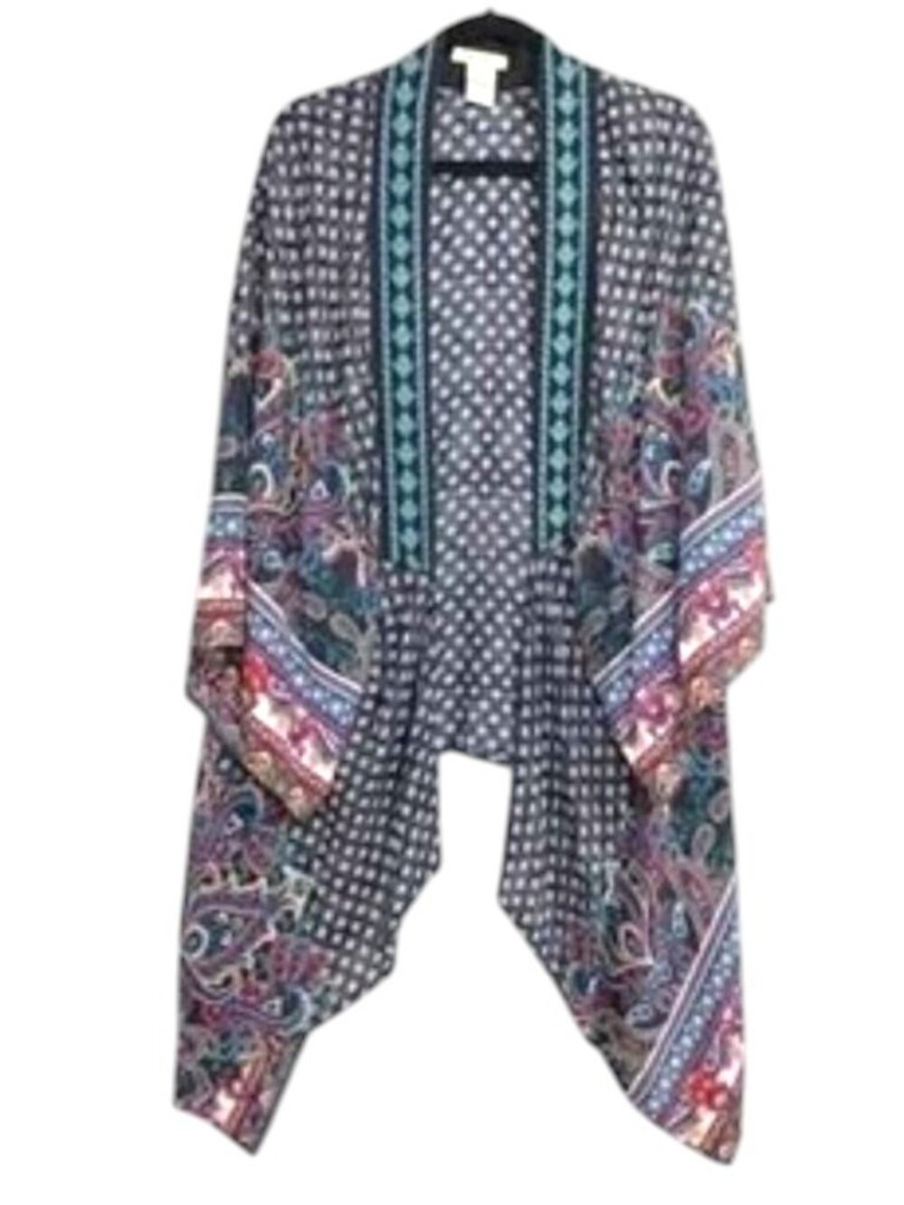 Flying Tomato Fly Away Open Front Kimono Black Teal Embroidery Paisley Print